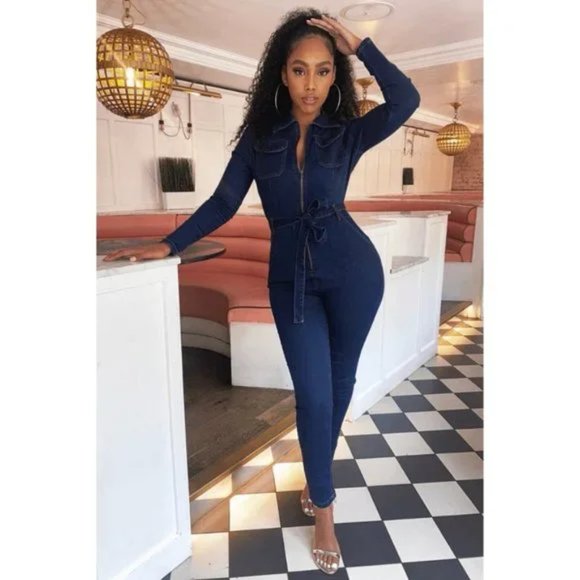 Blue Denim Jeans Long Sleeve Belted Bodycon Jumpsuit Playsuit - Picture 9 of 13
